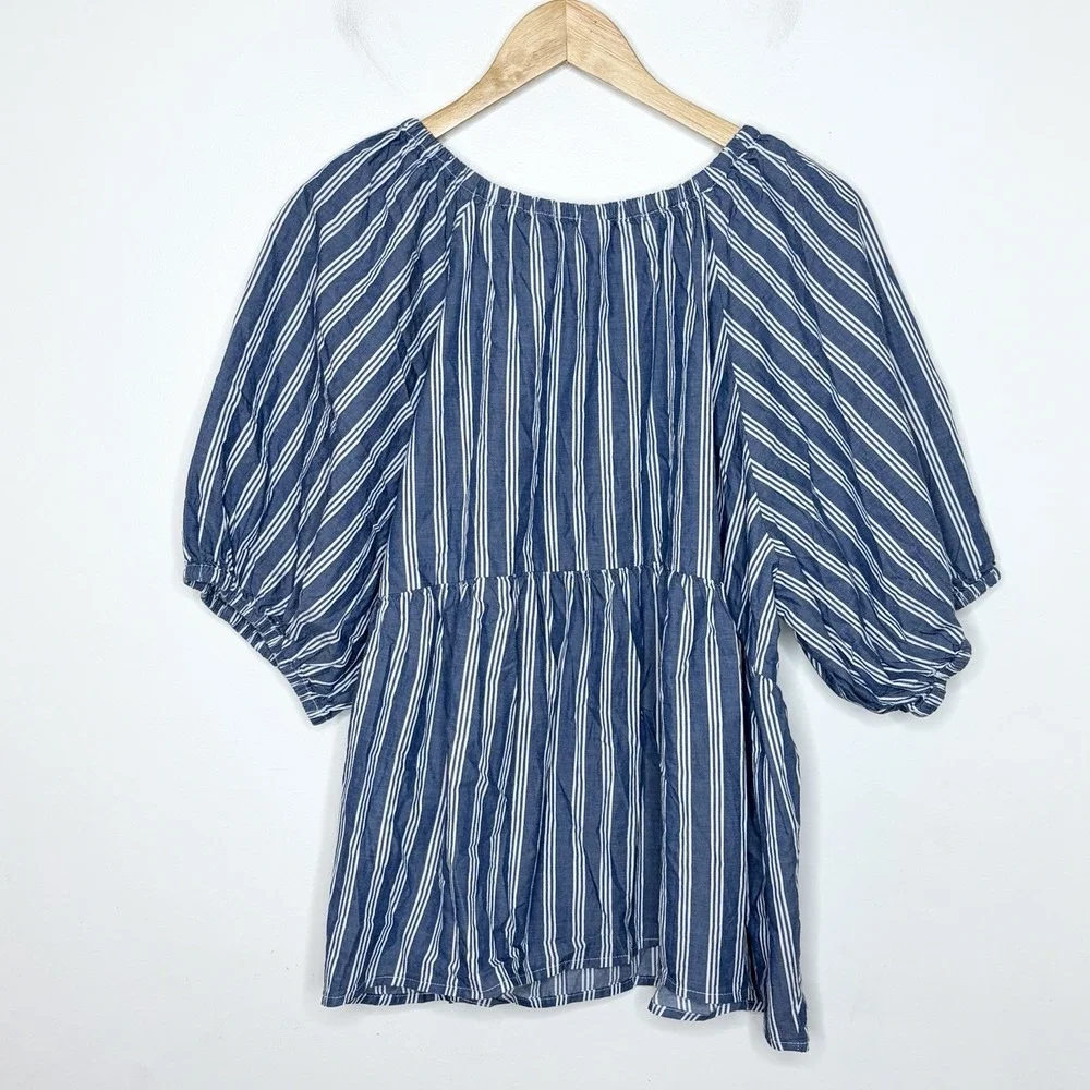 Old Navy Blue White Striped Puff Sleeve Top Womens 2X Nautical Preppy Coastal